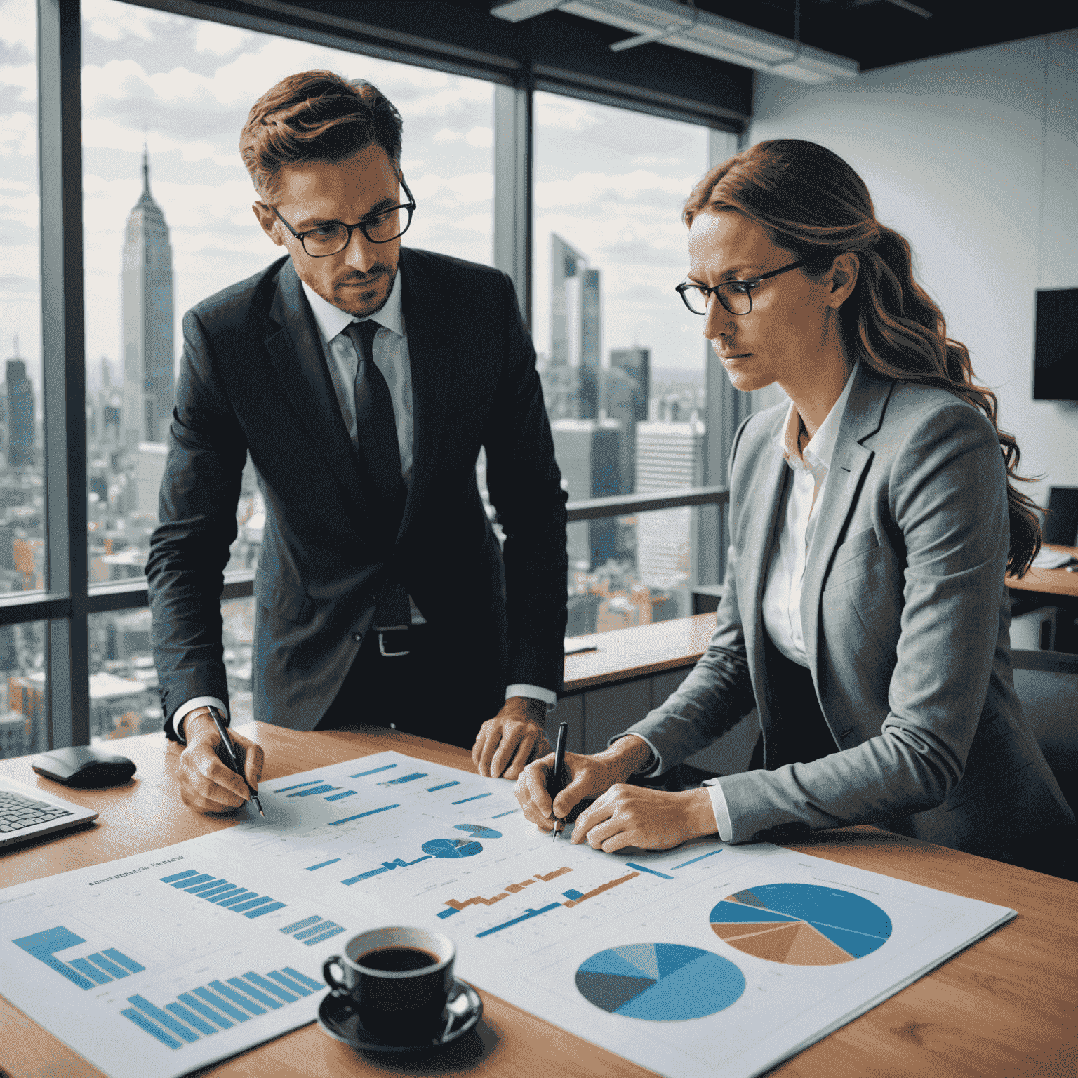 Imagen de un consultor trabajando con un emprendedor, analizando gráficos y estrategias de negocio en una oficina moderna con vista a la ciudad