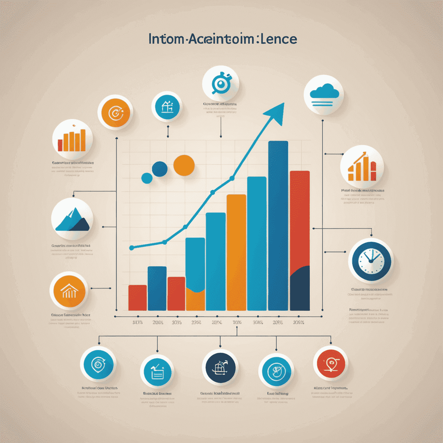 Imagen que muestra un gráfico ascendente de ingresos y cinco iconos representando diferentes estrategias de negocio