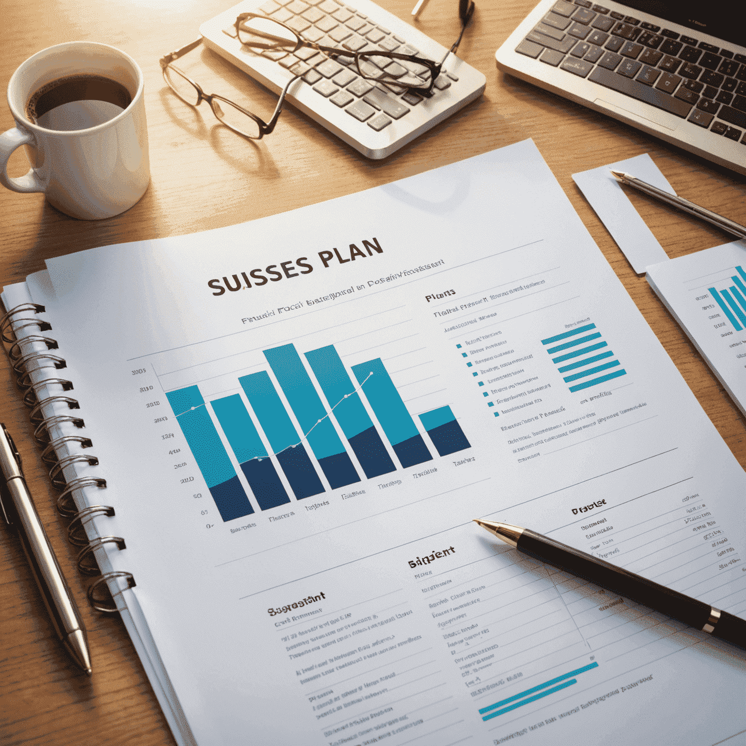 Imagen de un documento de plan de negocios con gráficos y tablas financieras