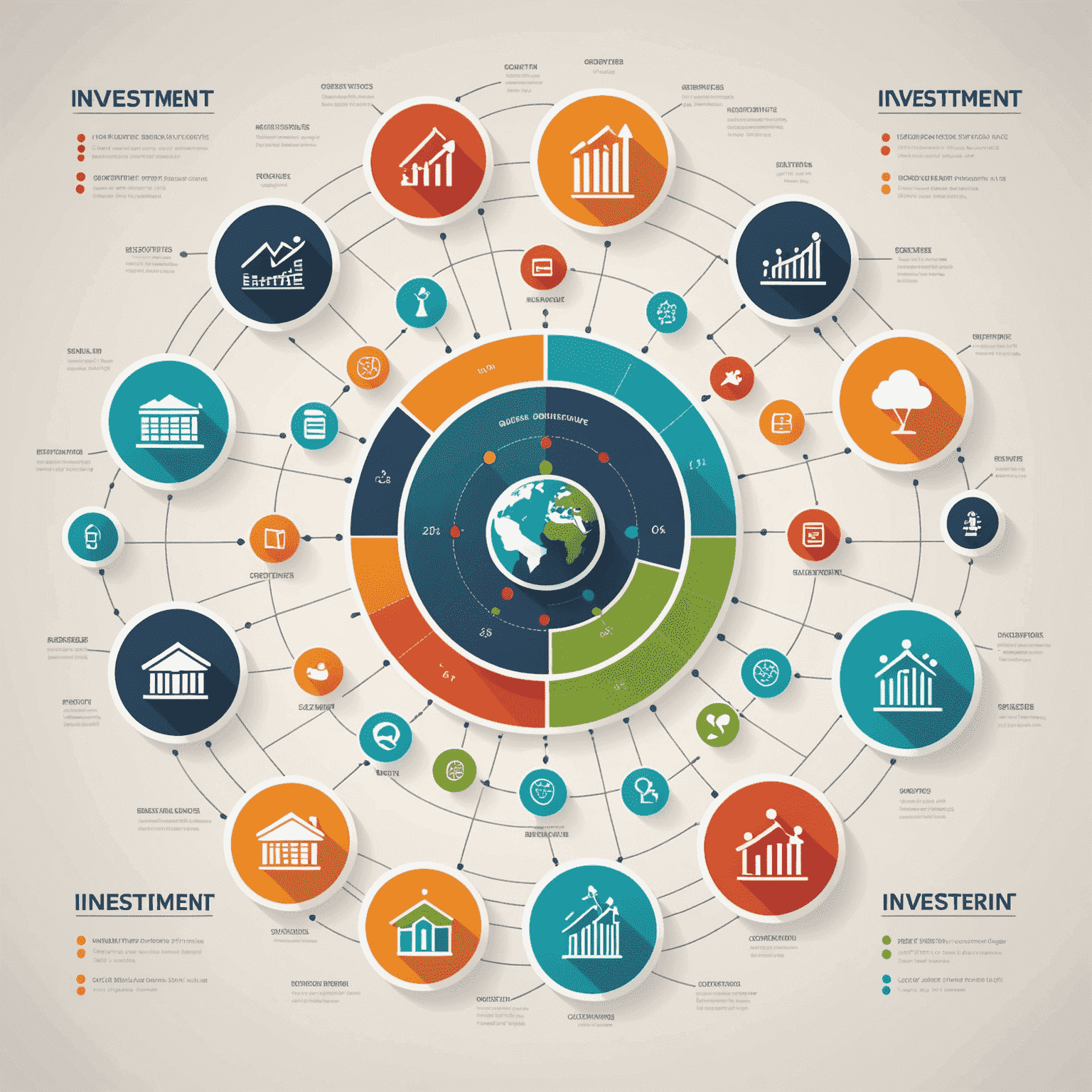 Gráfico de inversiones mostrando diversificación y crecimiento, con iconos de diferentes sectores empresariales