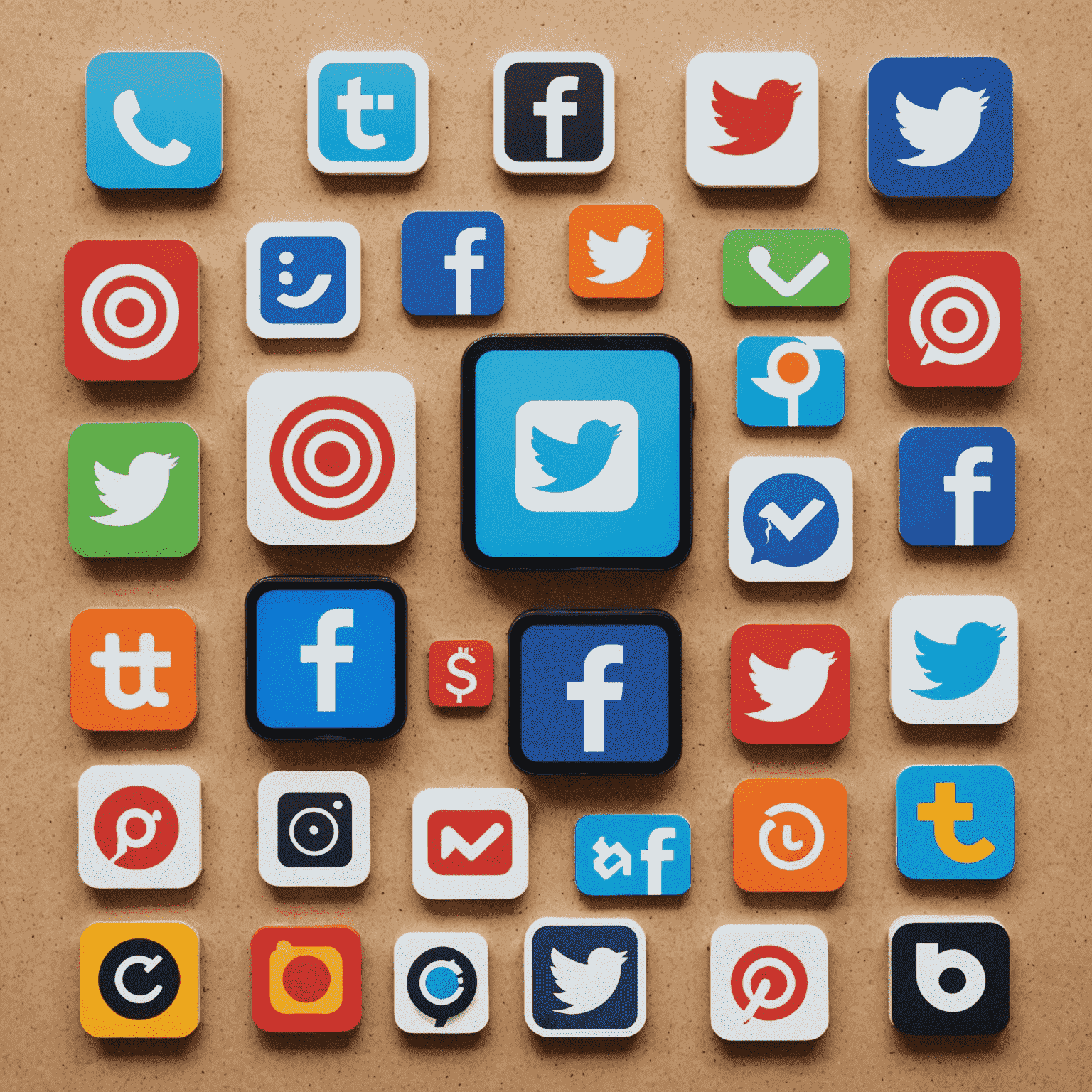 Collage de iconos de redes sociales y herramientas de marketing digital