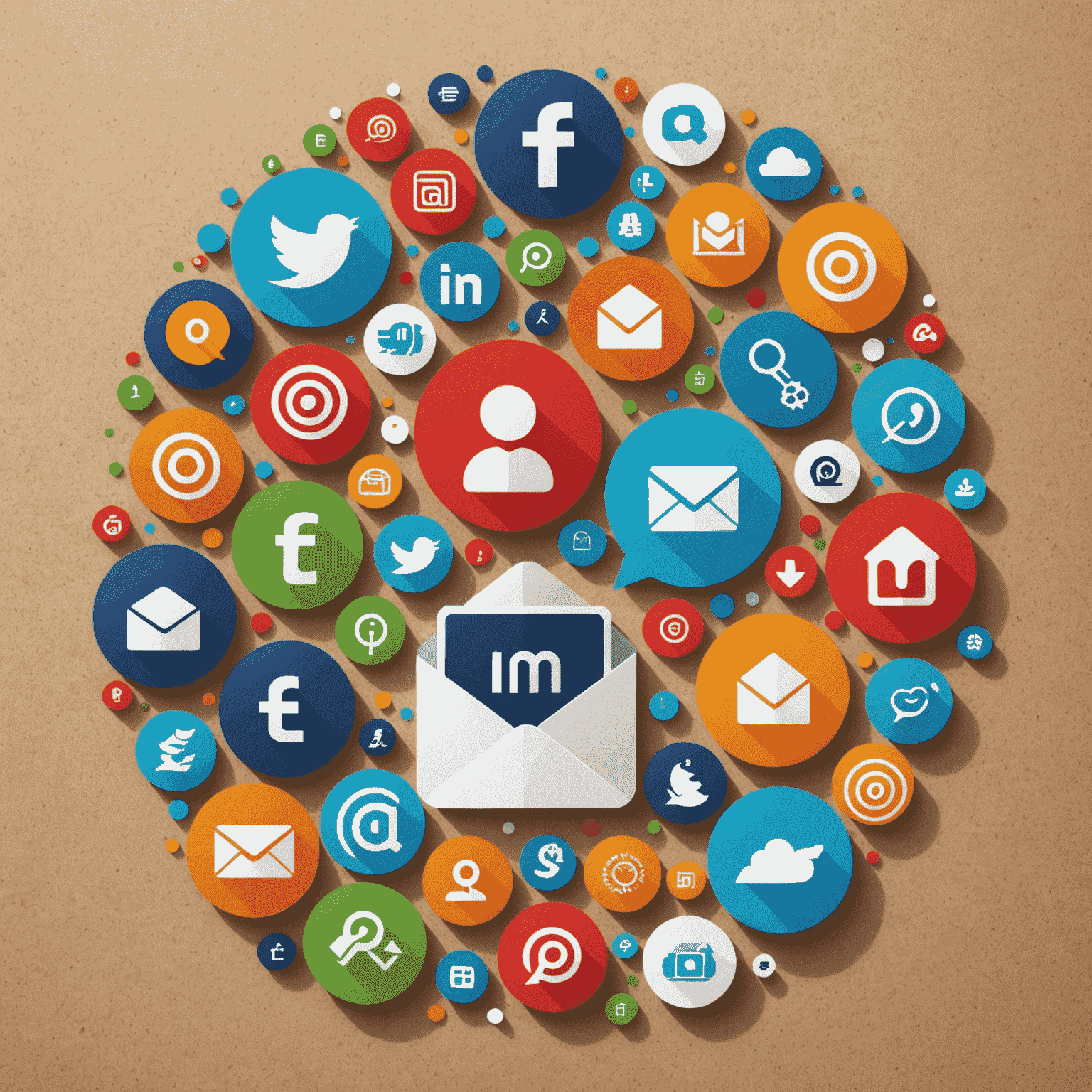 Collage de iconos de marketing digital: redes sociales, SEO, email marketing y análisis de datos