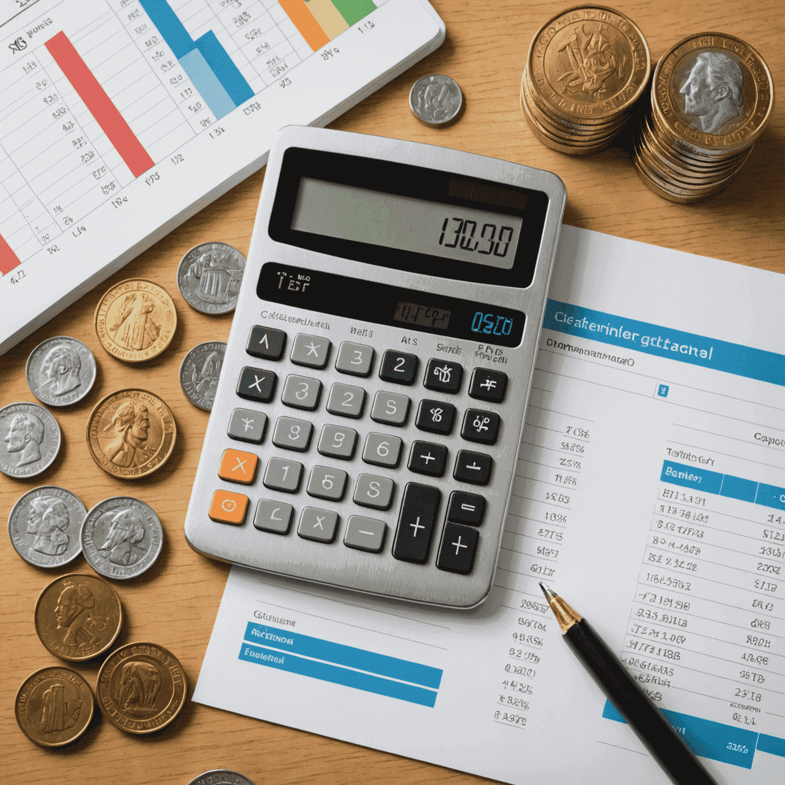 Imagen de una calculadora, gráficos financieros y monedas, representando la gestión financiera eficiente